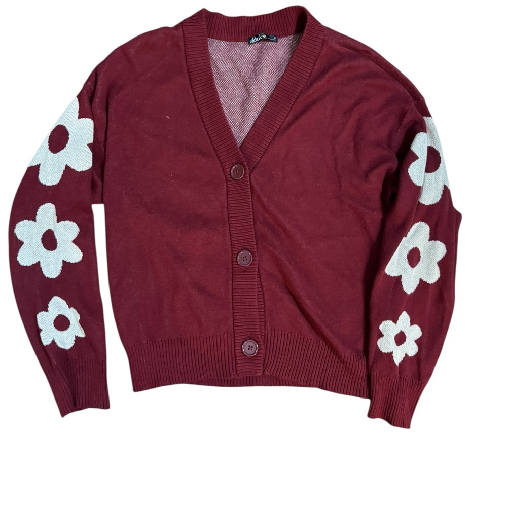 Nikkak Floral Sleeve Burgundy Button Front Cardigan Sweater Sz M‎